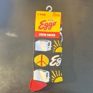 New- Eggo Breakfast theme Crew Socks - Black and Red size 6-13